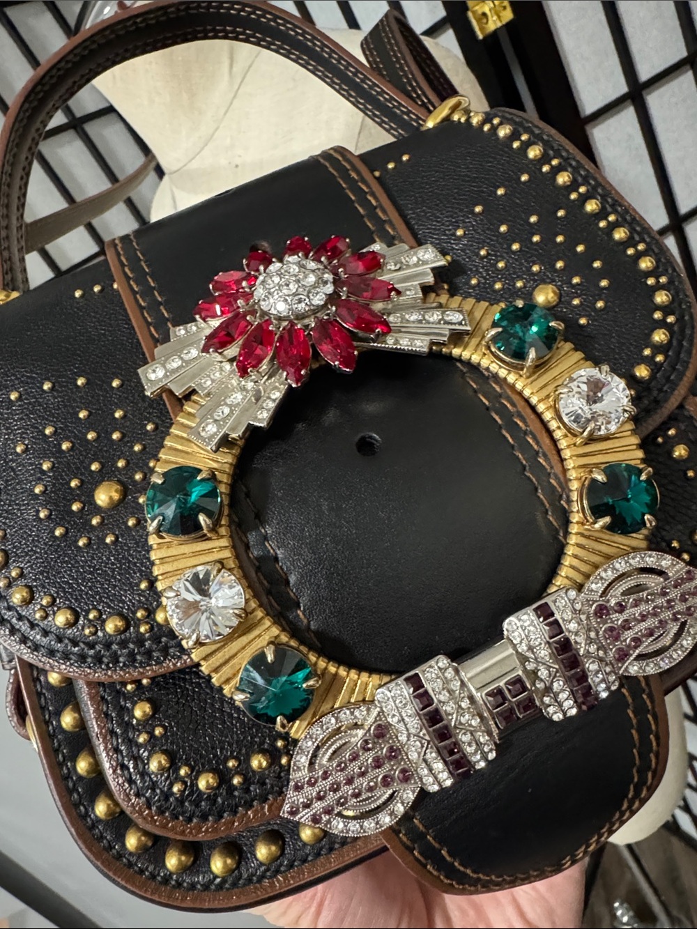 Miu Miu Rare Dahlia Madras Crystal Stud Crossbody/Shoulder Bag – Black Leather - Picture 15 of 16